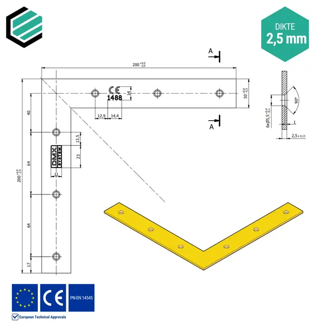 Hoekverbinder 200x200x30 mm (2,5 mm) geel verzinkt (10 stuks)