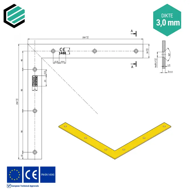 Hoekverbinder 250x250x30 mm (3,0 mm) geel verzinkt (10 stuks)