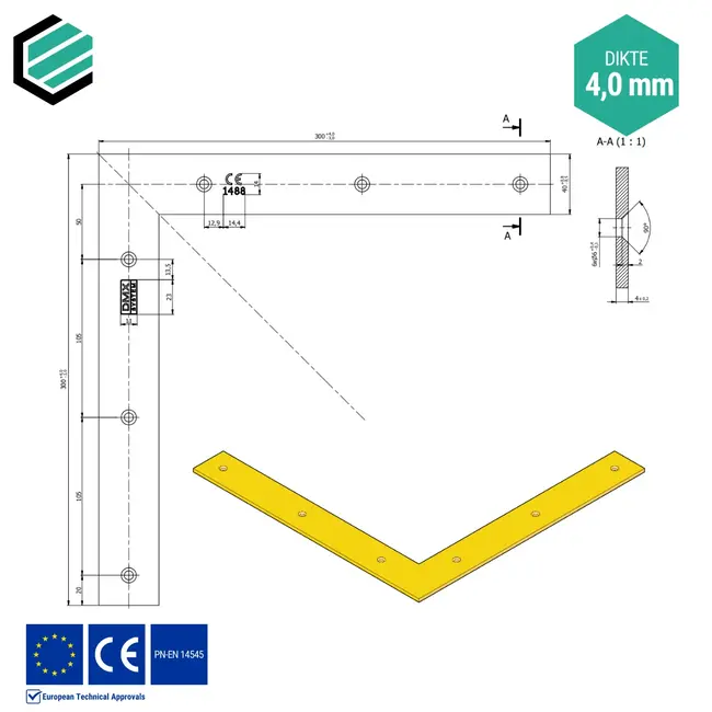 Hoekverbinder 300x300x40 mm (4,0 mm) geel verzinkt (10 stuks)