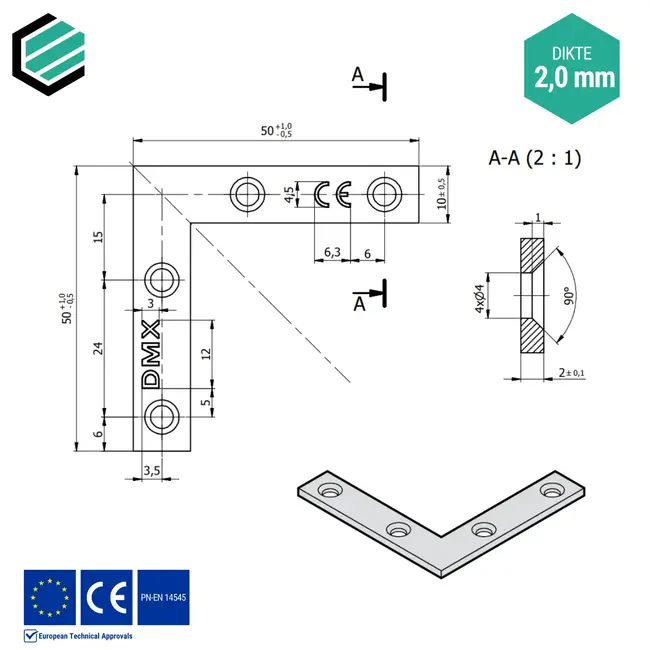 Hoekverbinder 50x50x10 mm (2,0 mm) verzinkt (50 stuks)
