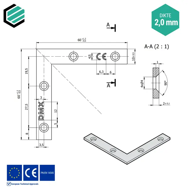 Hoekverbinder 60x60x10 mm (2,0 mm) verzinkt (50 stuks)