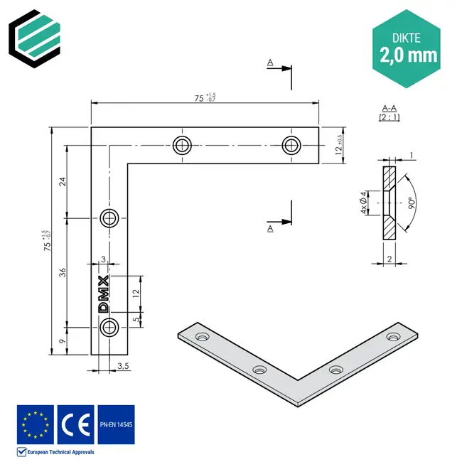 Hoekverbinder 75x75x12 mm (2,0 mm) verzinkt (50 stuks)