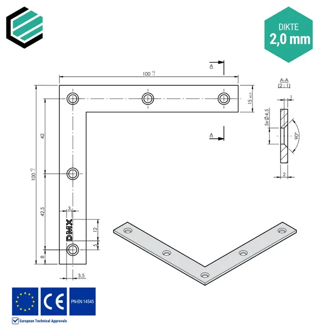 Hoekverbinder 100x100x15 mm (2,0 mm) verzinkt (10 stuks)