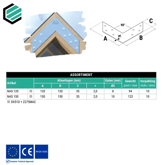 Hoekverbinder 120x120x35 mm (2,0 mm) verzinkt (10 stuks)