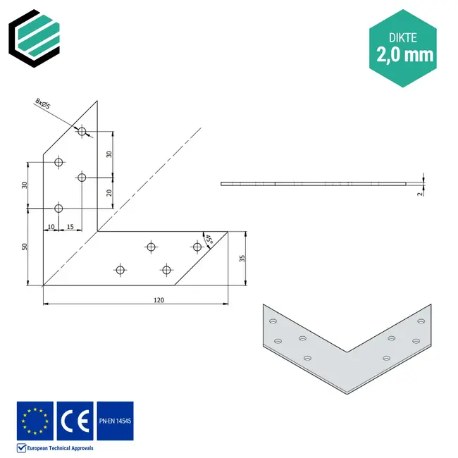 Hoekverbinder 120x120x35 mm (2,0 mm) verzinkt (10 stuks)