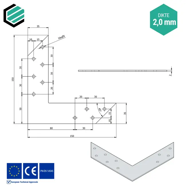 Hoekverbinder 150x150x35 mm (2,0 mm) verzinkt (10 stuks)