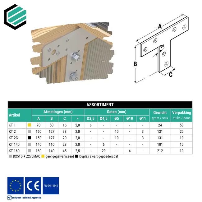 T-verbinder 70x50x16 mm (2,0 mm) geel verzinkt (50 stuks)