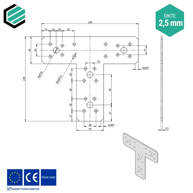 T-verbinder 160x140x45 mm (2,0 mm) verzinkt (10 stuks)