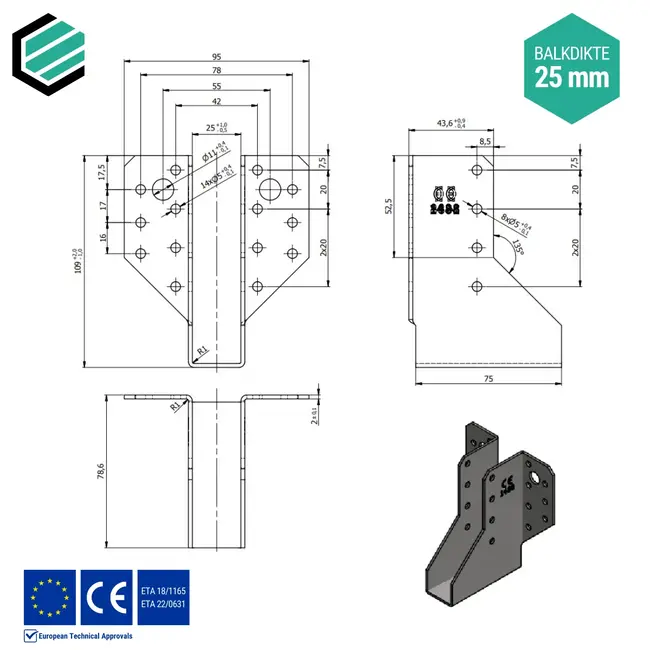 Raveeldrager 25x107x75 mm (2,0 mm) verzinkt (10 stuks)