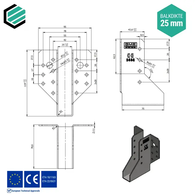 Raveeldrager 25x118x75 mm (2,0 mm) verzinkt (10 stuks)
