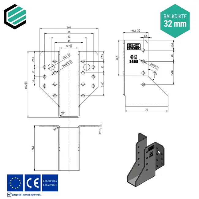 Raveeldrager 32x114x75 mm (2,0 mm) verzinkt (10 stuks)