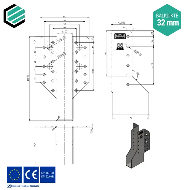 Raveeldrager 32x174x75 mm (2,0 mm) verzinkt (10 stuks)