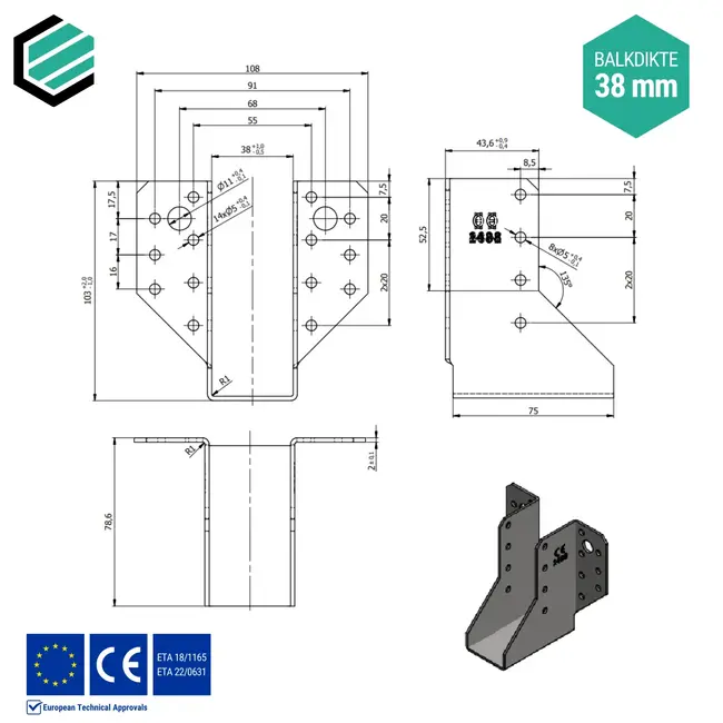 Raveeldrager 38x101x75 mm (2,0 mm) verzinkt (10 stuks)