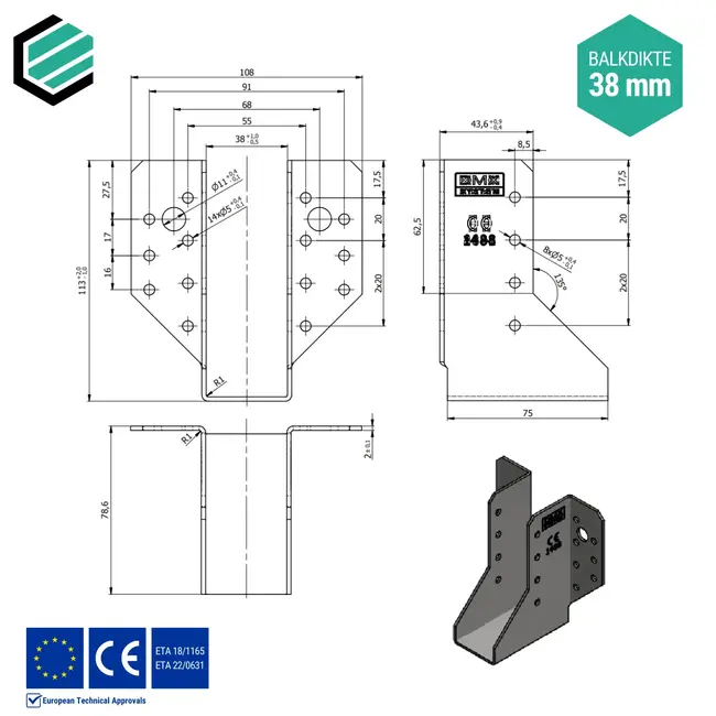 Raveeldrager 38x111 mm (2,0 mm) verzinkt (10 stuks)