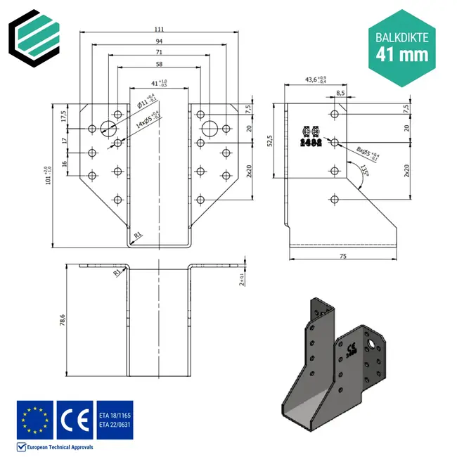Raveeldrager 41x99x75 mm (2,0 mm) verzinkt (10 stuks)