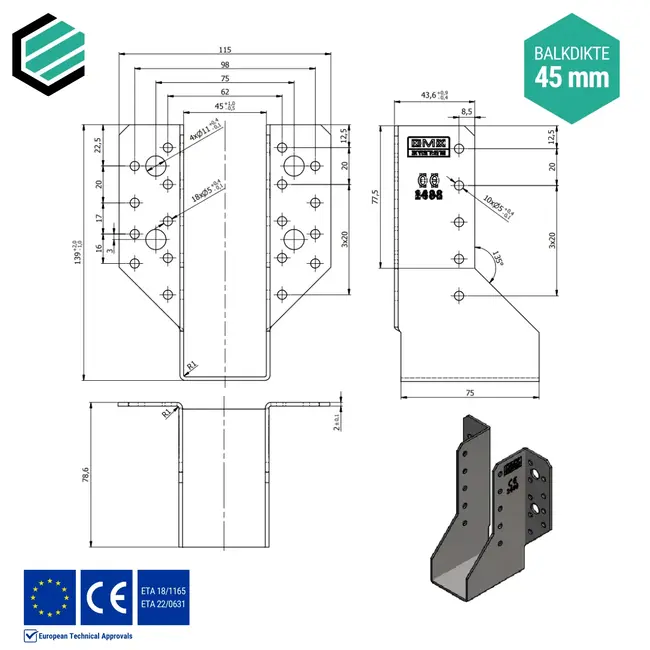 Raveeldrager 45x138x75 mm (2,0 mm) verzinkt (10 stuks)