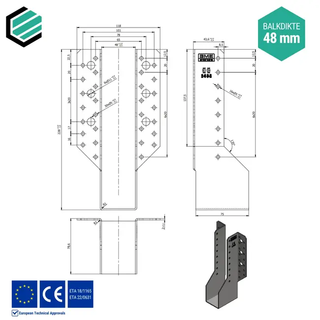 Raveeldrager 45x226x75 mm (2,0 mm) verzinkt (10 stuks)