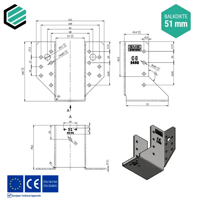 Raveeldrager 51x105x75 mm (2,0 mm) verzinkt (10 stuks)