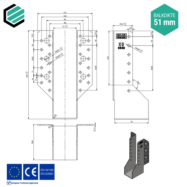 Raveeldrager 51x195x75 mm (2,0 mm) verzinkt (10 stuks)