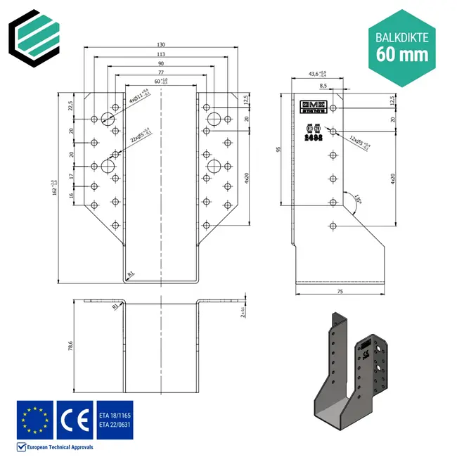 Raveeldrager 60x160x75 mm (2,0 mm) verzinkt (10 stuks)