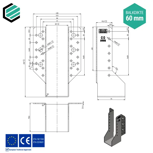Raveeldrager 60x190x75 mm (2,0 mm) verzinkt (10 stuks)