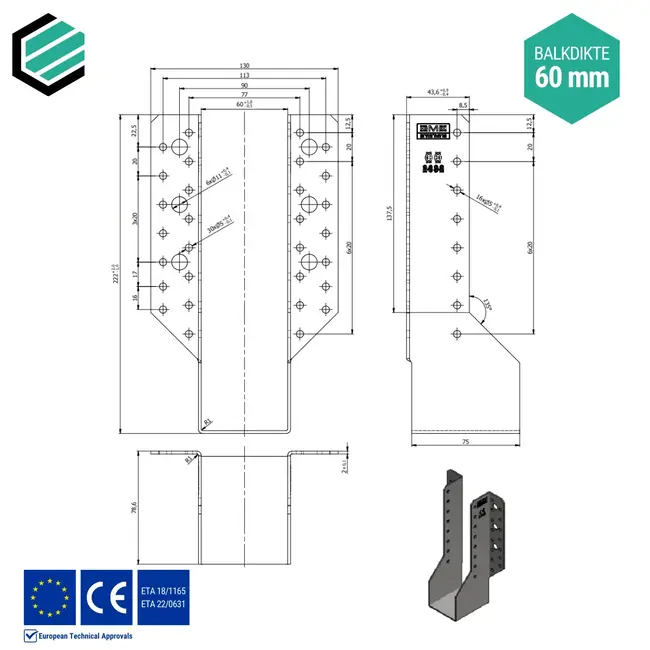 Raveeldrager 60x220x75 mm (2,0 mm) verzinkt (10 stuks)