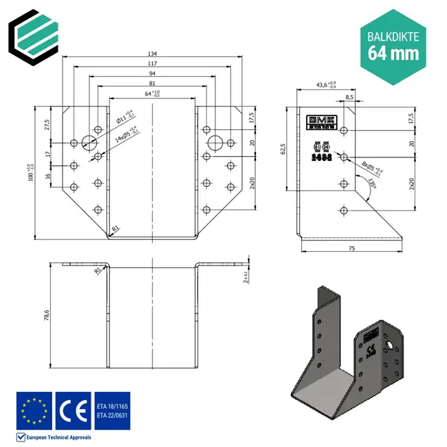 Raveeldrager 64x98x75 mm (2,0 mm) verzinkt (10 stuks)