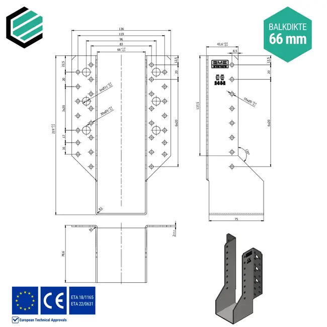Raveeldrager 66x217x75 mm (2,0 mm) verzinkt (10 stuks)