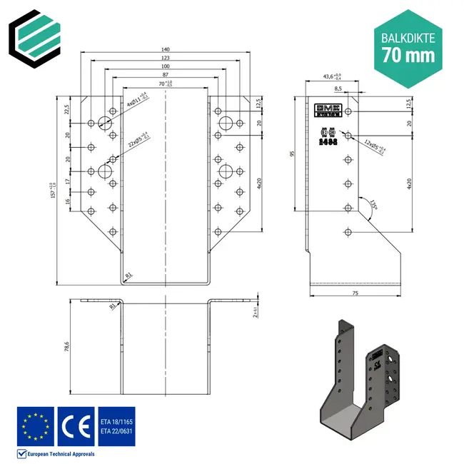 Raveeldrager 70x155x75 mm (2,0 mm) verzinkt (10 stuks)
