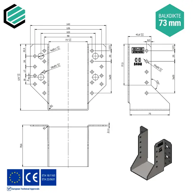 Raveeldrager 73x123x75 mm (2,0 mm) verzinkt (10 stuks)