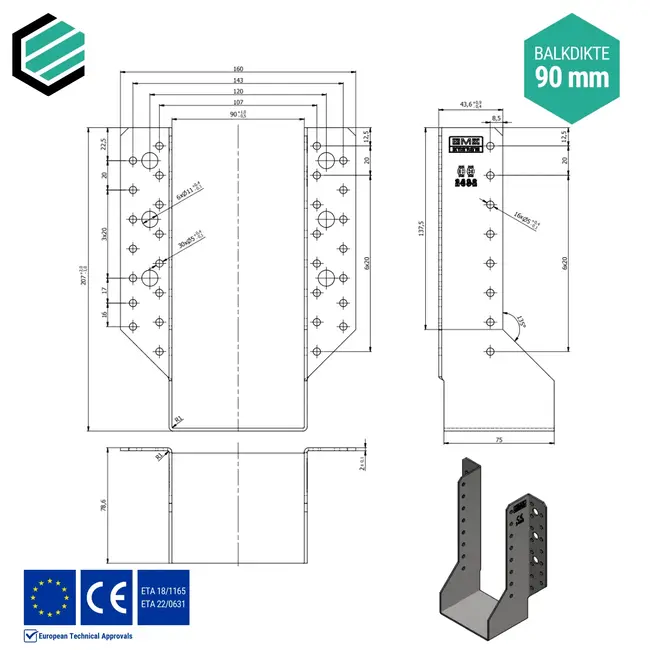 Raveeldrager 90x205x75 mm (2,0 mm) verzinkt (10 stuks)