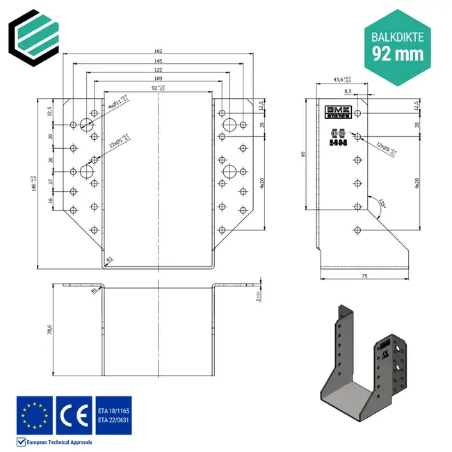 Raveeldrager 92x144x75 mm (2,0 mm) verzinkt (10 stuks)