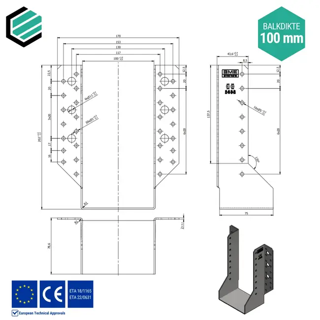 Raveeldrager 100x200x75 mm (2,0 mm) verzinkt (10 stuks)