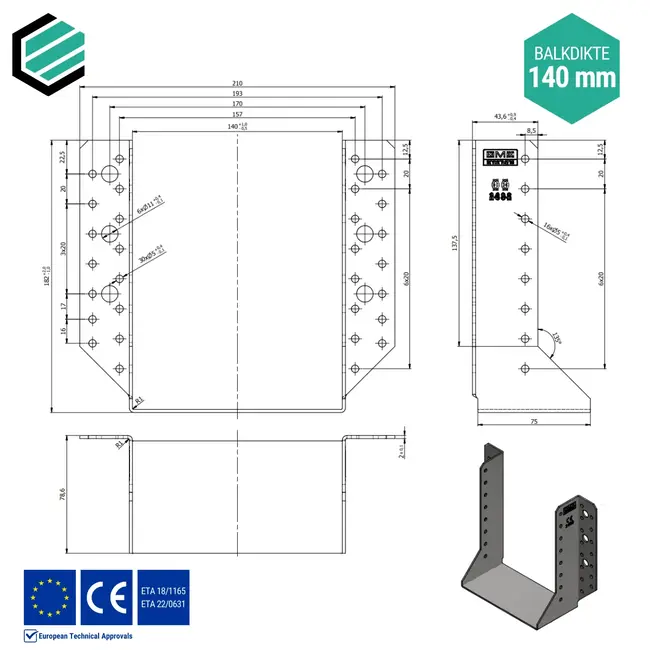 Raveeldrager 140x180x75 mm (2,0 mm) verzinkt (10 stuks)