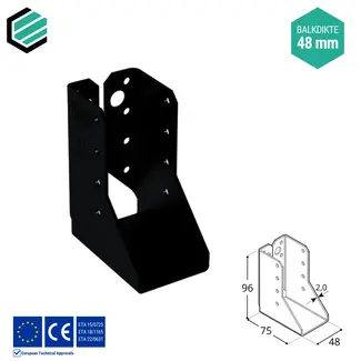 Domax  Balkdrager 48x96x75 mm (2,0 mm) verzinkt (6 stuks) Zwart