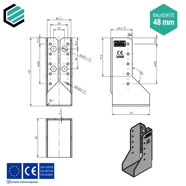 Balkdrager 48x136 mm (2,0 mm) verzinkt (10 stuks)