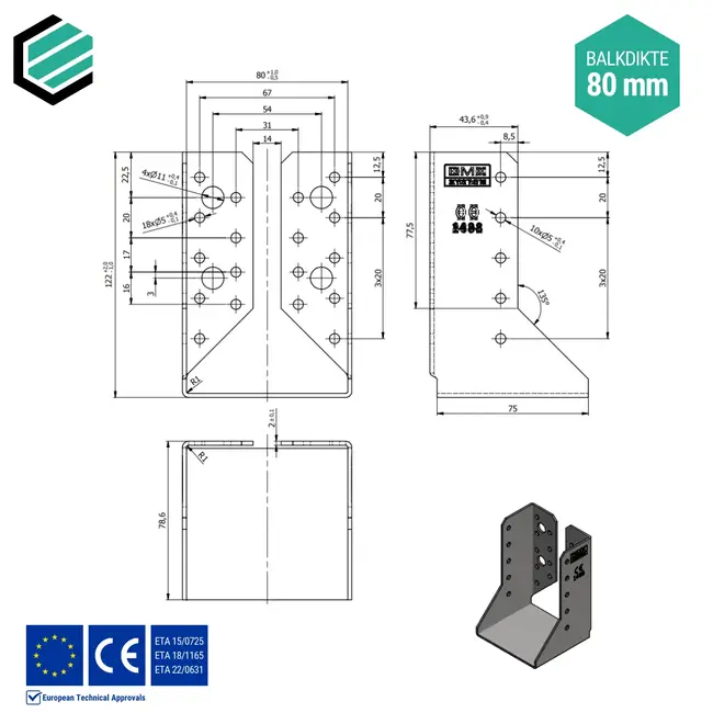 Balkdrager 80x120x75 mm (2,0 mm) verzinkt (10 stuks)