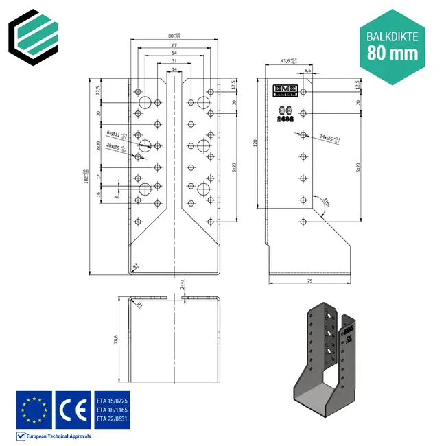 Balkdrager 80x180x75 mm (2,0 mm) verzinkt (10 stuks)