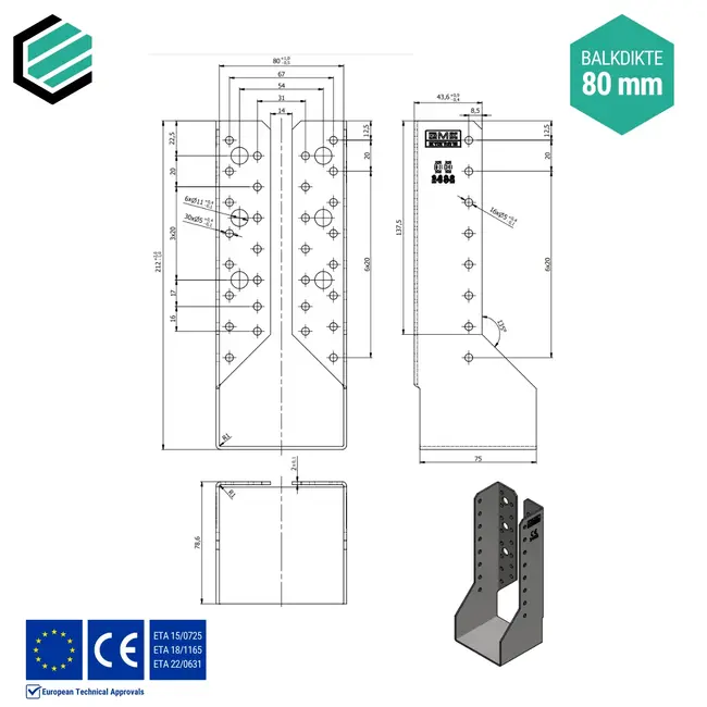 Balkdrager 80x210x75 mm (2,0 mm) verzinkt (10 stuks)