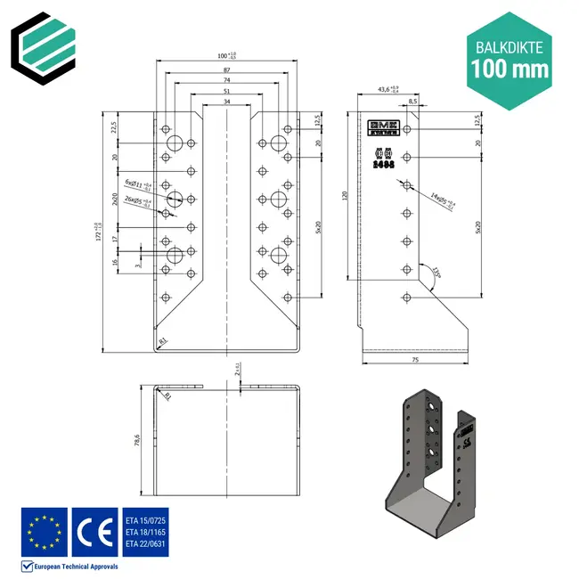 Balkdrager 100x170x75 mm (2,0 mm) verzinkt (10 stuks)