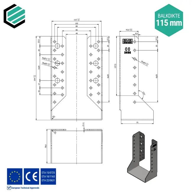 Balkdrager 115x193 mm (2,0 mm) verzinkt (10 stuks)