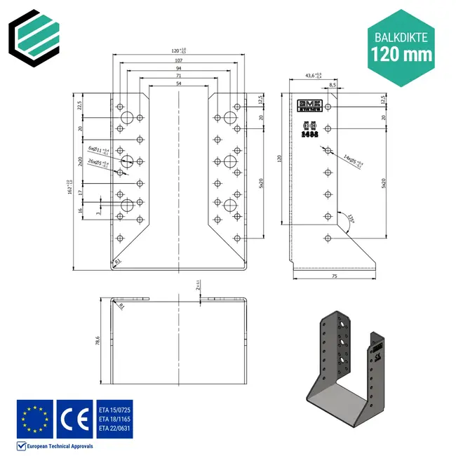 Balkdrager 120x160x75 mm (2,0 mm) verzinkt (10 stuks)