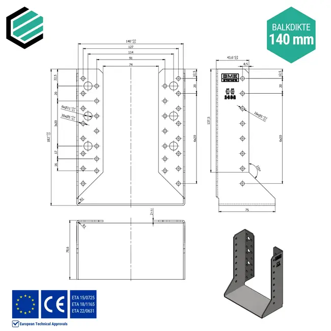 Balkdrager 140x180x75 mm (2,0 mm) verzinkt (10 stuks)