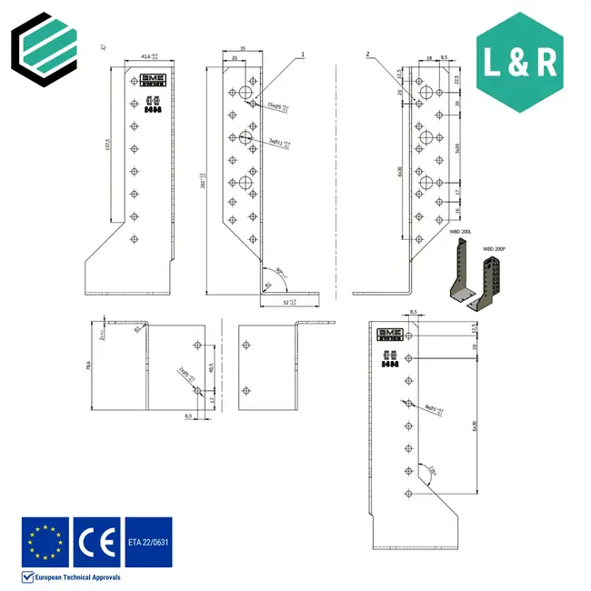 Balkdrager 50x200x75 mm (2,0 mm) verzinkt (10 sets)