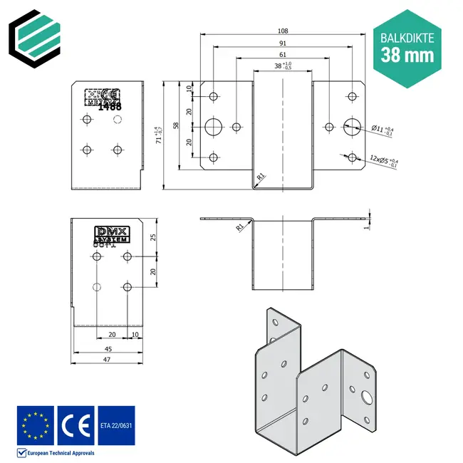 Balkdrager 38x71 mm (1,0 mm) verzinkt (10 sets)