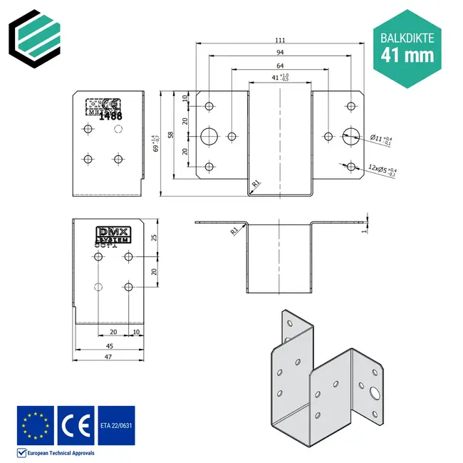 Balkdrager 41x70x45 mm (1,0 mm) verzinkt (10 stuks)