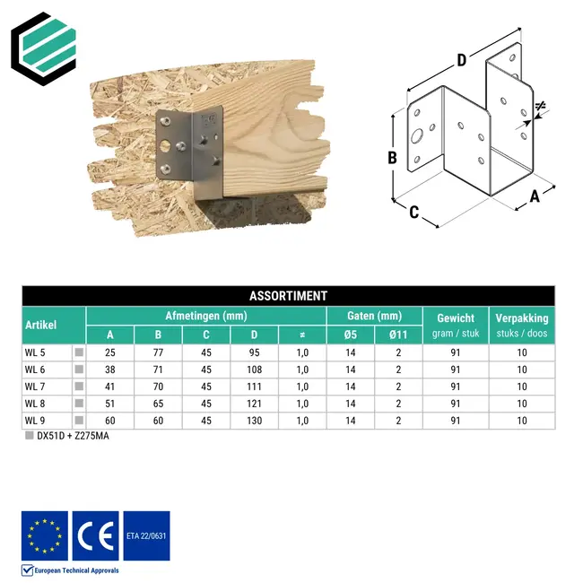 Balkdrager 51x65 mm (1,0 mm) verzinkt (10 sets)