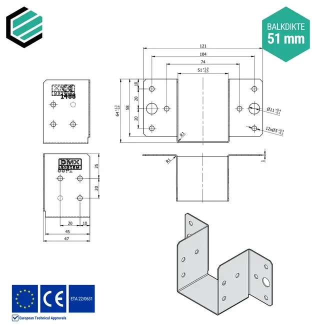Balkdrager 51x65 mm (1,0 mm) verzinkt (10 sets)