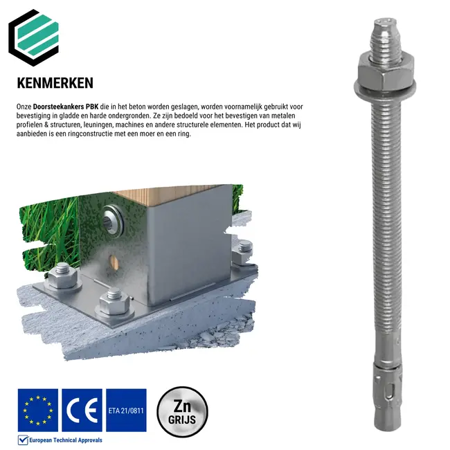 Doorsteekanker 8 x 75 mm grijs verzinkt  (10 stuks)