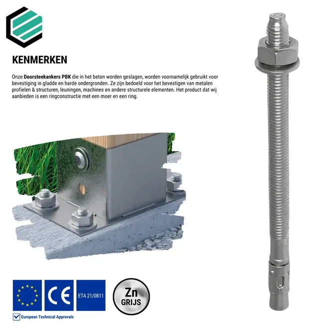 Doorsteekanker 16 x 140 mm grijs verzinkt  (15 stuks)